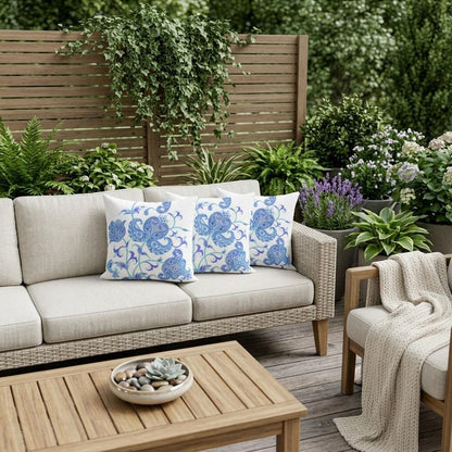 Set of Three 16" Blue and White Botanical Indoor Outdoor Throw Pillow Cover and Insert