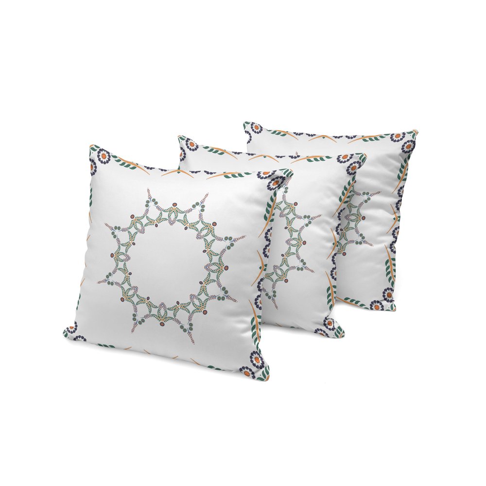 Set of Three 16" Green and White Botanical Indoor Outdoor Throw Pillow Cover and Insert