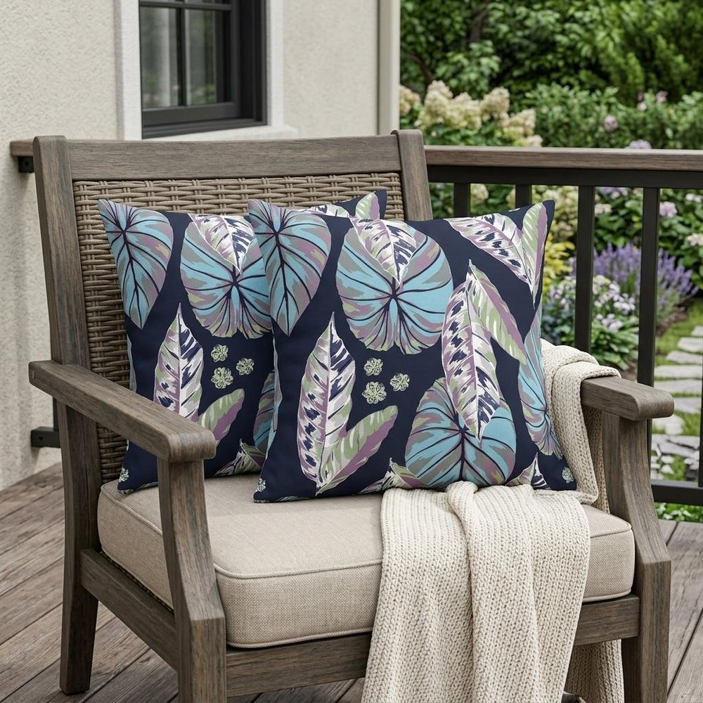 Set of Two 18" Blue Botanical Indoor Outdoor Throw Pillow Cover and Insert