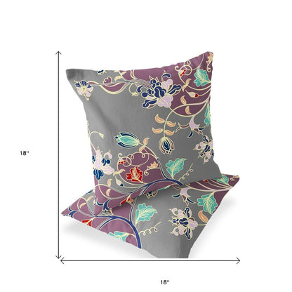 Set of Two 18" Purple Botanical Indoor Outdoor Throw Pillow Cover and Insert