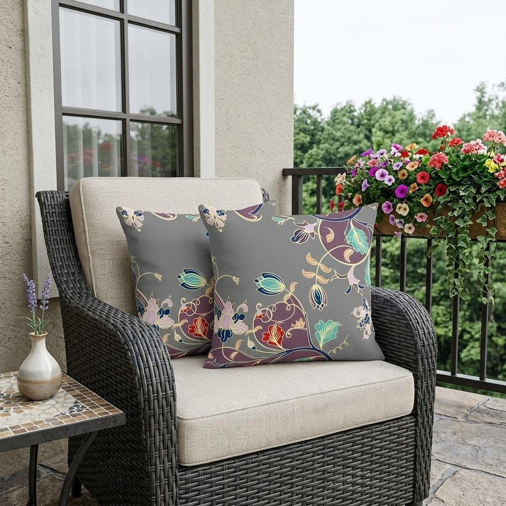 Set of Two 18" Purple Botanical Indoor Outdoor Throw Pillow Cover and Insert