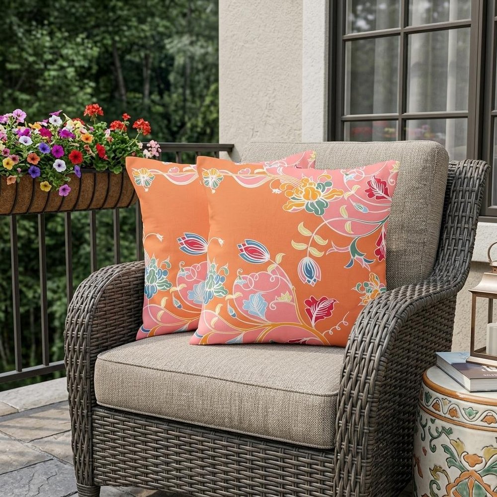Set of Two 18" Pink Botanical Indoor Outdoor Throw Pillow Cover and Insert