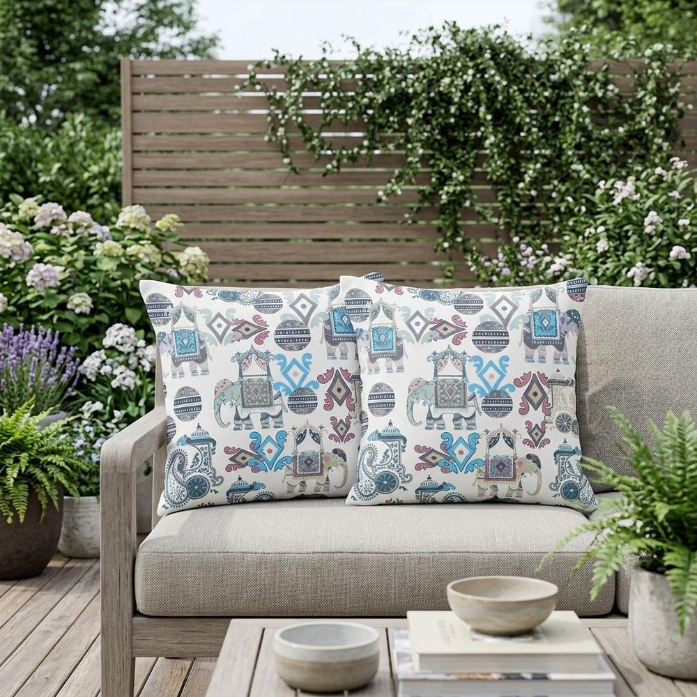 Set of Two 18" Beige Elephant Abstract Indoor Outdoor Throw Pillow Cover and Insert
