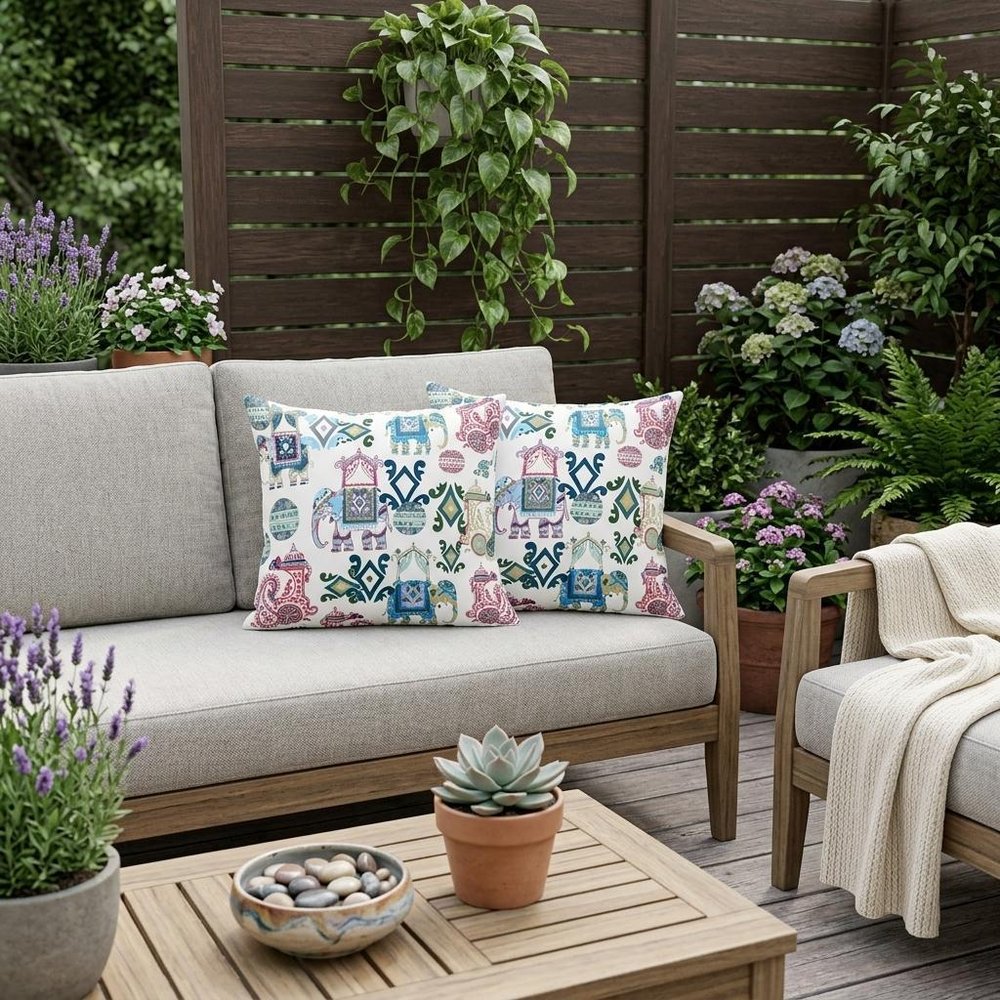 Set of Two 18" Pink Elephant Abstract Indoor Outdoor Throw Pillow Cover and Insert
