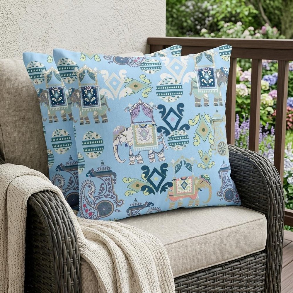Set of Two 18" Blue Elephant Abstract Indoor Outdoor Throw Pillow Cover and Insert