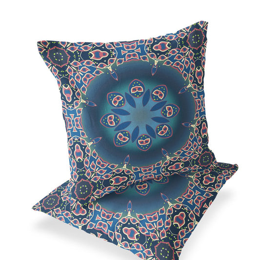 Set of Two 18" Blue Abstract Indoor Outdoor Throw Pillow Cover and Insert