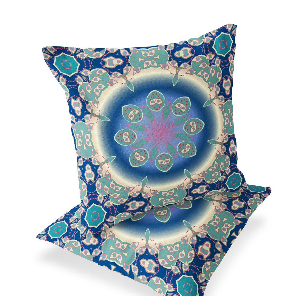 Set of Two 18" Blue Abstract Indoor Outdoor Throw Pillow Cover and Insert