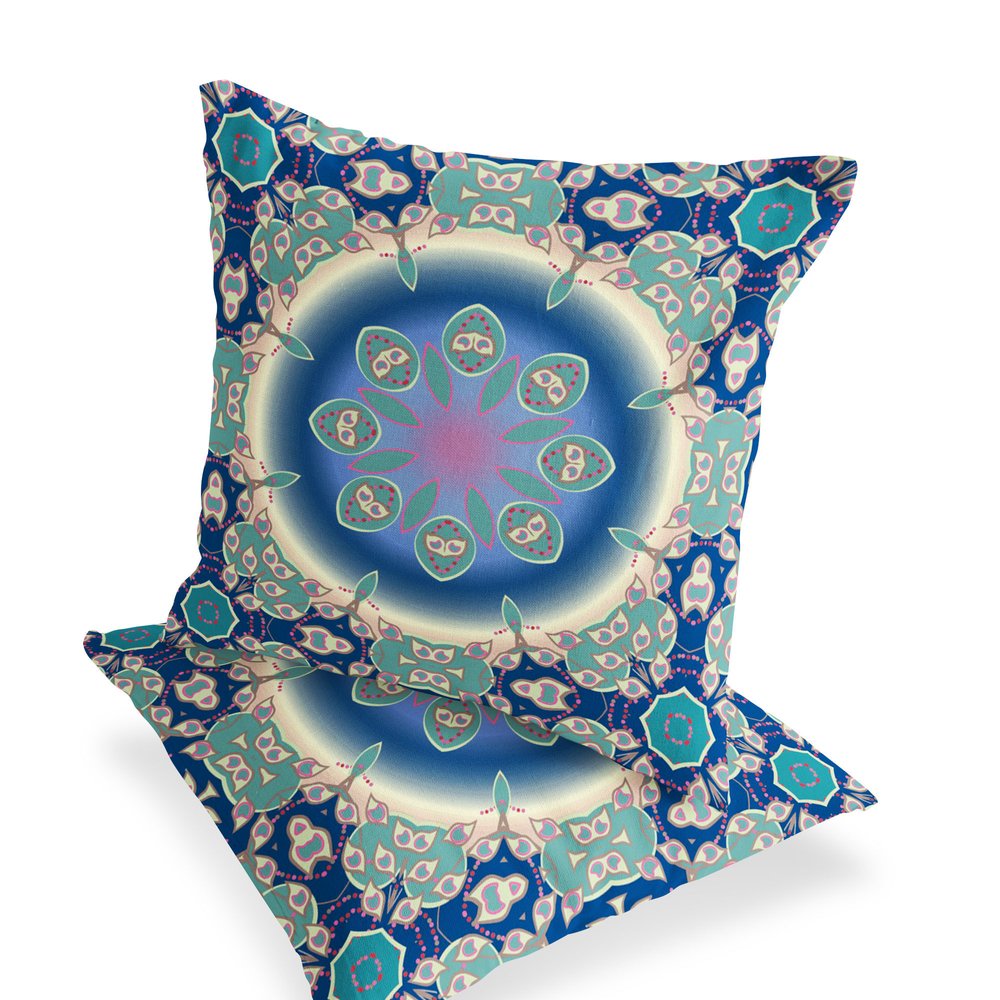 Set of Two 18" Blue Abstract Indoor Outdoor Throw Pillow Cover and Insert
