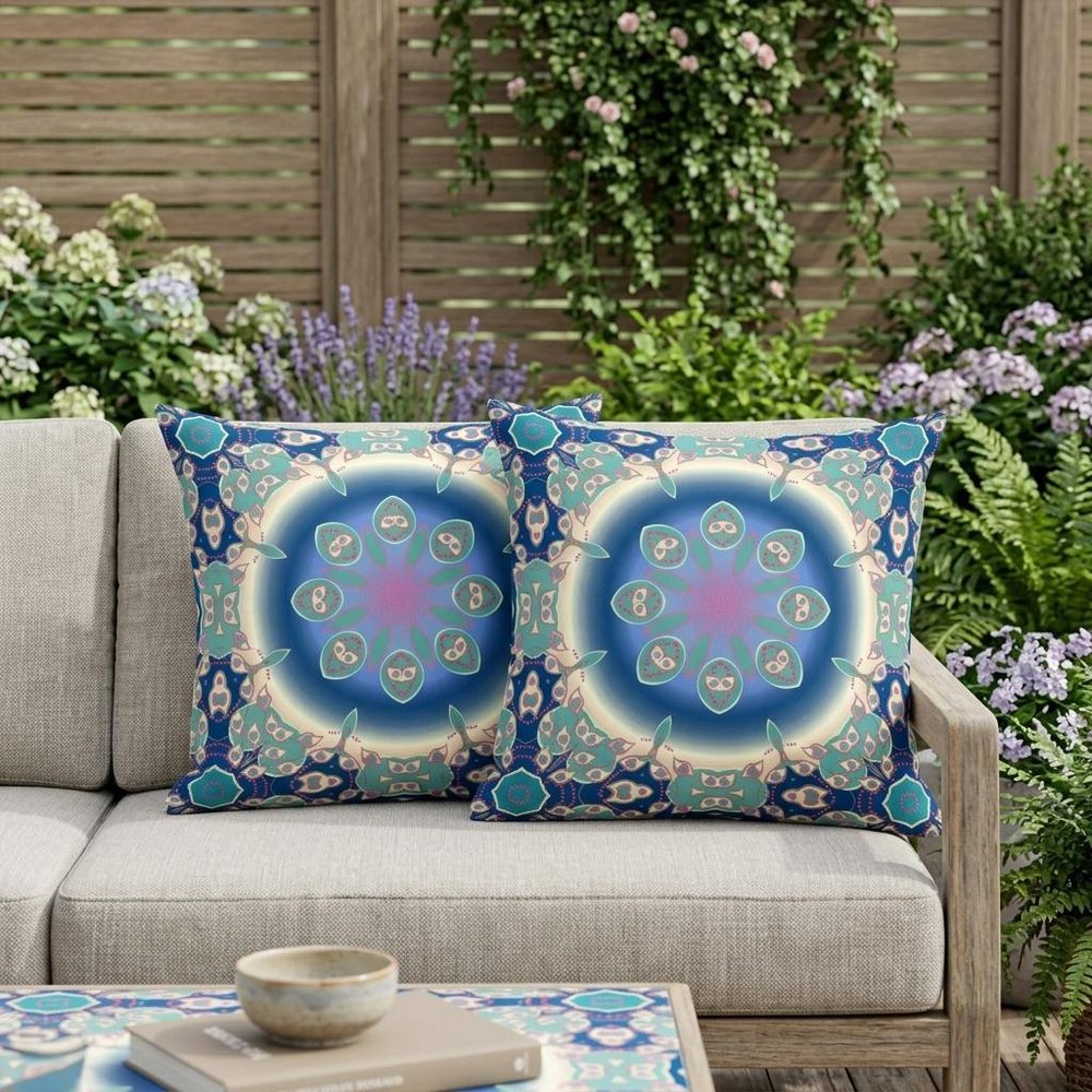 Set of Two 18" Blue Abstract Indoor Outdoor Throw Pillow Cover and Insert