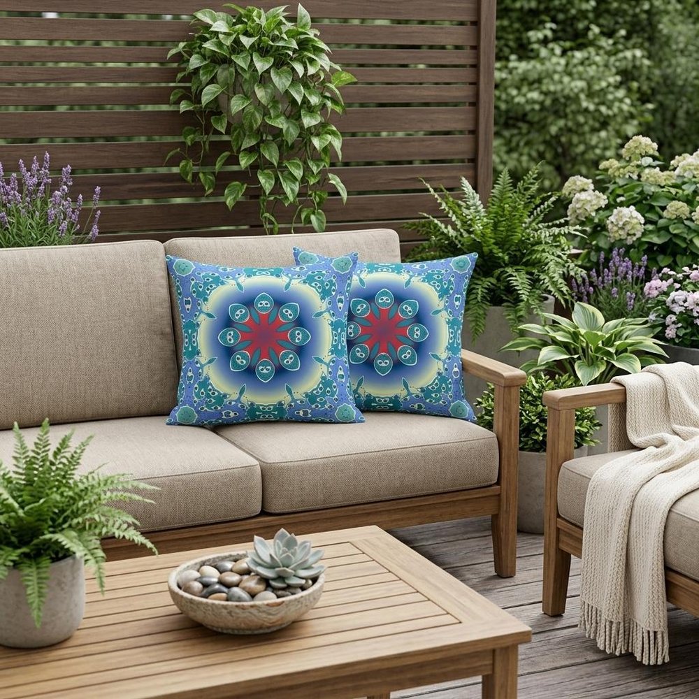 Set of Two 18" Blue Abstract Indoor Outdoor Throw Pillow Cover and Insert