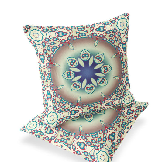 Set of Two 18" Beige Abstract Indoor Outdoor Throw Pillow Cover and Insert