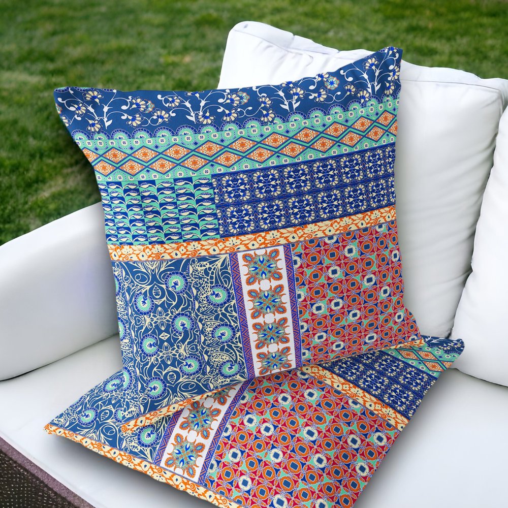 Set of Two 18" Blue Botanical Indoor Outdoor Throw Pillow Cover and Insert