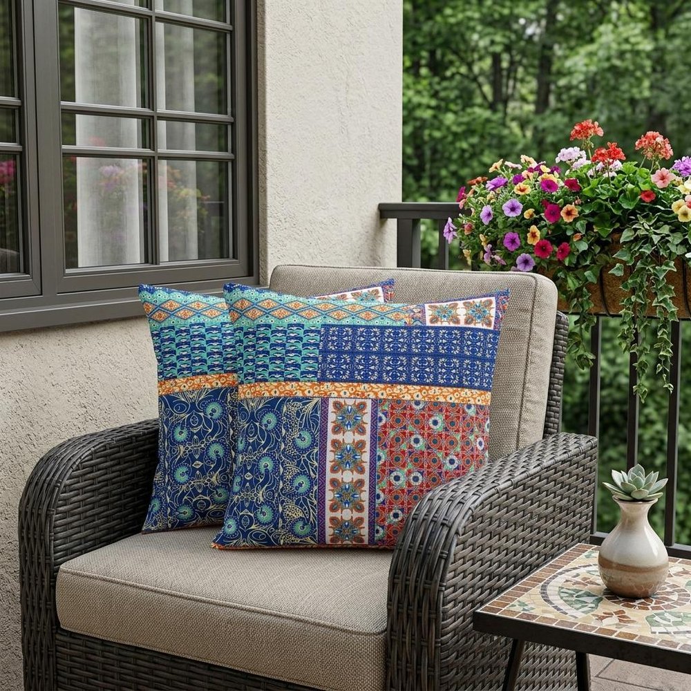 Set of Two 18" Blue Botanical Indoor Outdoor Throw Pillow Cover and Insert