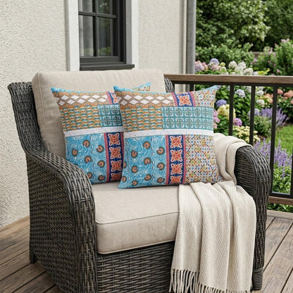 Set of Two 18" Turquoise Botanical Indoor Outdoor Throw Pillow Cover and Insert