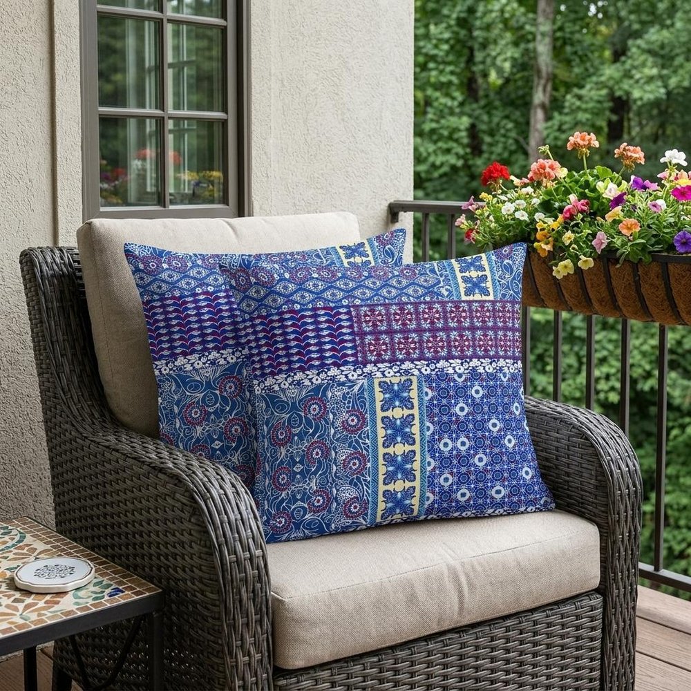 Set of Two 18" Navy Blue Botanical Indoor Outdoor Throw Pillow Cover and Insert