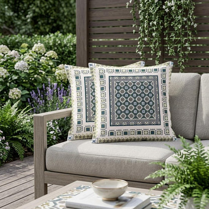 Set of Two 18" White Botanical Indoor Outdoor Throw Pillow Cover and Insert