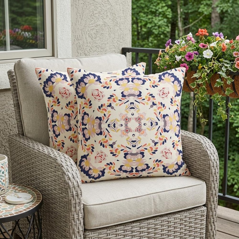 Set of Two 18" White Geometric Indoor Outdoor Throw Pillow Cover and Insert
