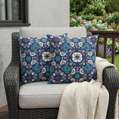 Set of Two 18" Blue Botanical Indoor Outdoor Throw Pillow Cover and Insert