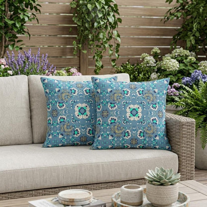Set of Two 18" Blue Botanical Indoor Outdoor Throw Pillow Cover and Insert