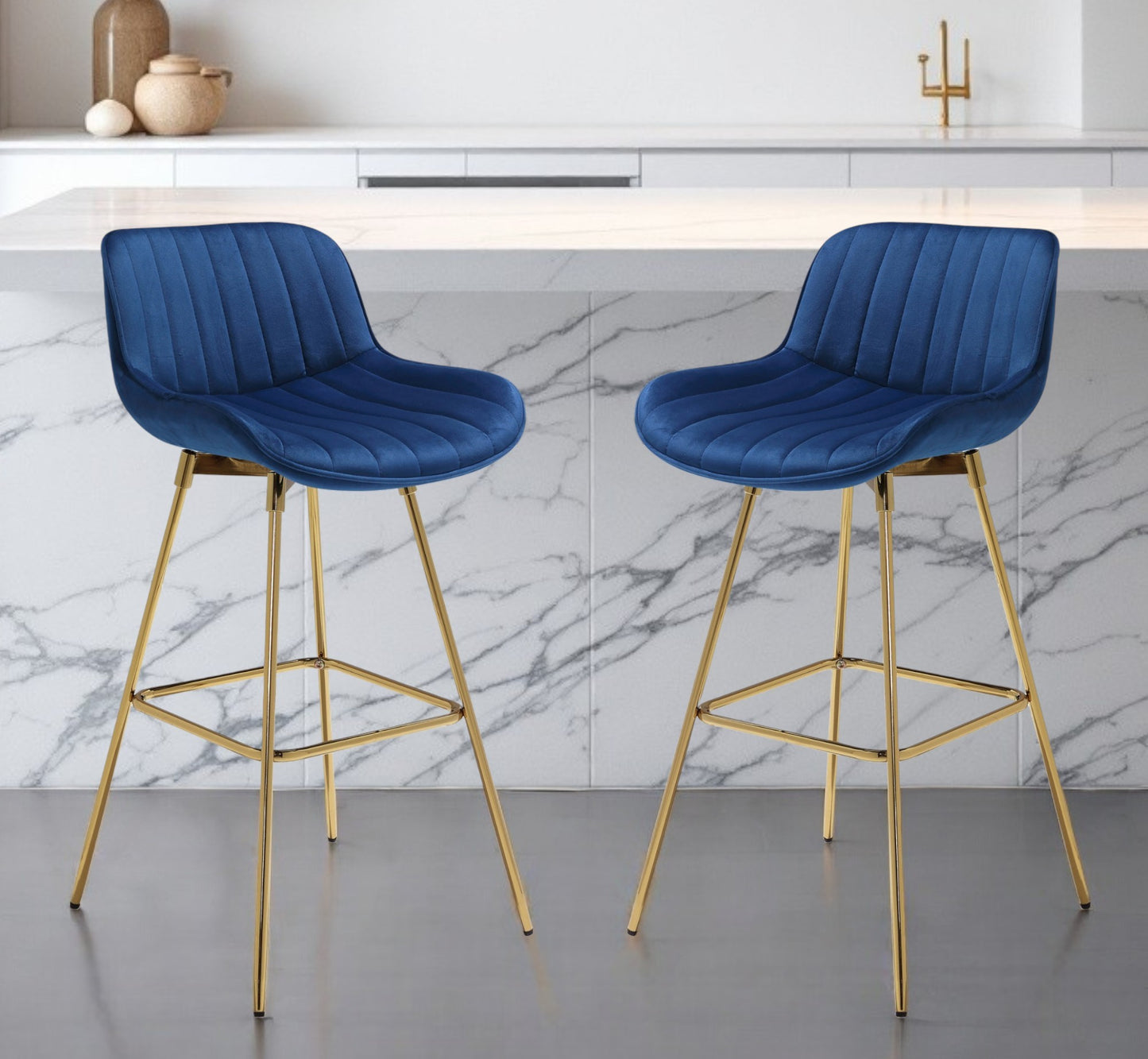 Set of Two 29" Blue and Gold Velvet and Metal Low Back Bar Height Swivel Bar Chairs
