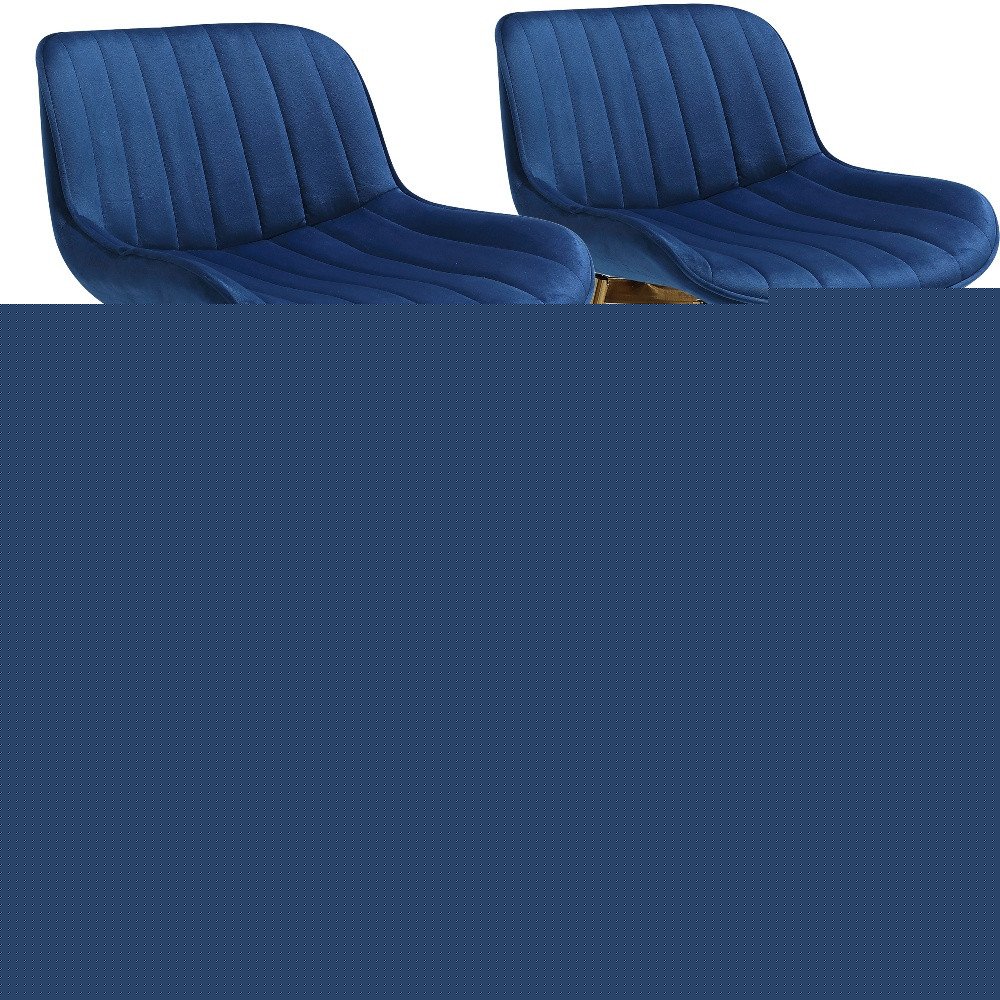 Set of Two 29" Blue and Gold Velvet and Metal Low Back Bar Height Swivel Bar Chairs