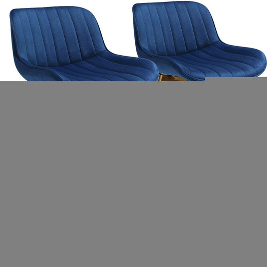 Set of Two 29" Blue and Gold Velvet and Metal Low Back Bar Height Swivel Bar Chairs