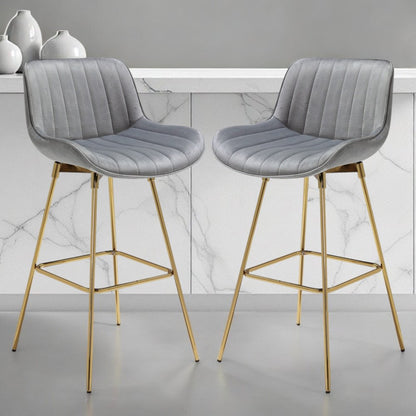 Set of Two 29" Gray and Gold Velvet and Metal Low Back Bar Height Swivel Bar Chairs