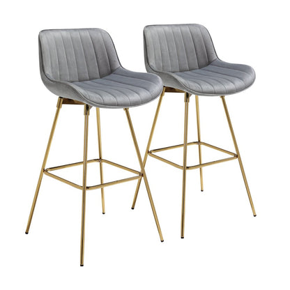 Set of Two 29" Gray and Gold Velvet and Metal Low Back Bar Height Swivel Bar Chairs