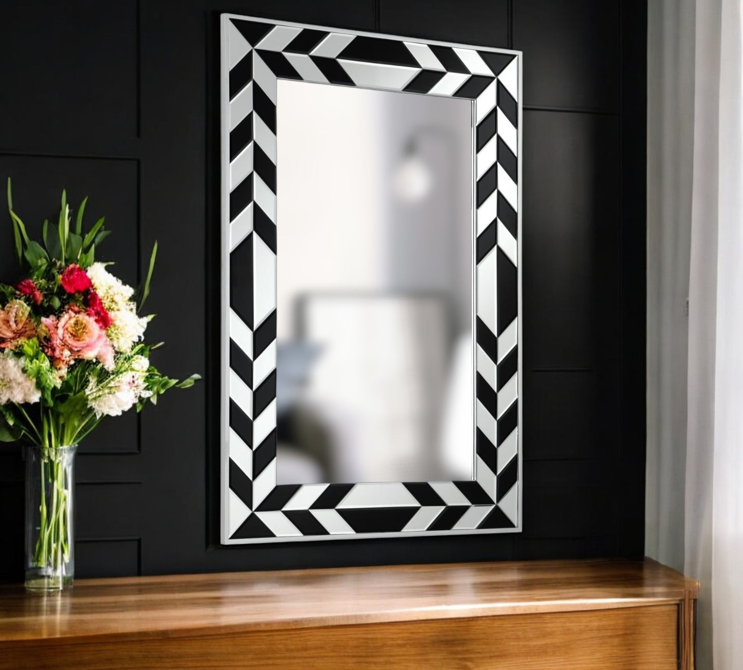 47" Silver And Black Mosaic Glass Framed Accent Mirror