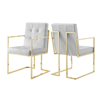 Set of Two Tufted White and Gold Upholstered Faux Leather Dining Arm Chairs