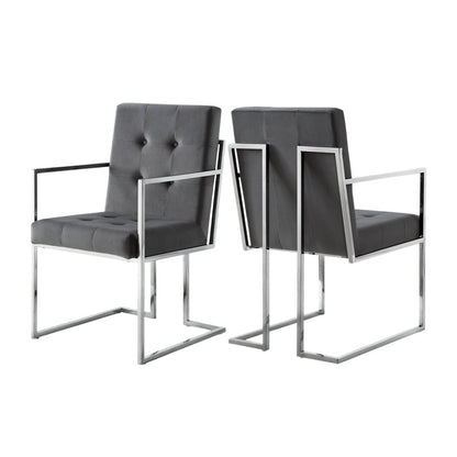Set of Two Tufted Gray and Silver Metallic Upholstered Velvet Dining Arm Chairs