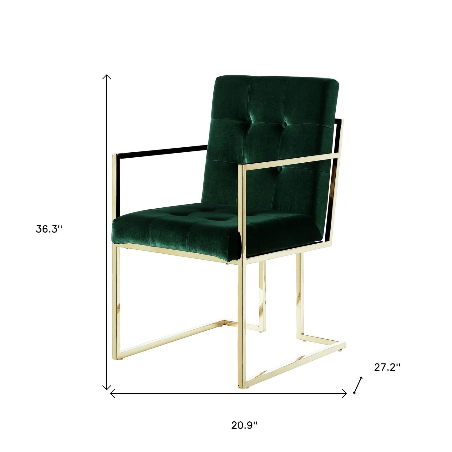 Set of Two Tufted Hunter Green and Gold Upholstered Velvet Dining Arm Chairs