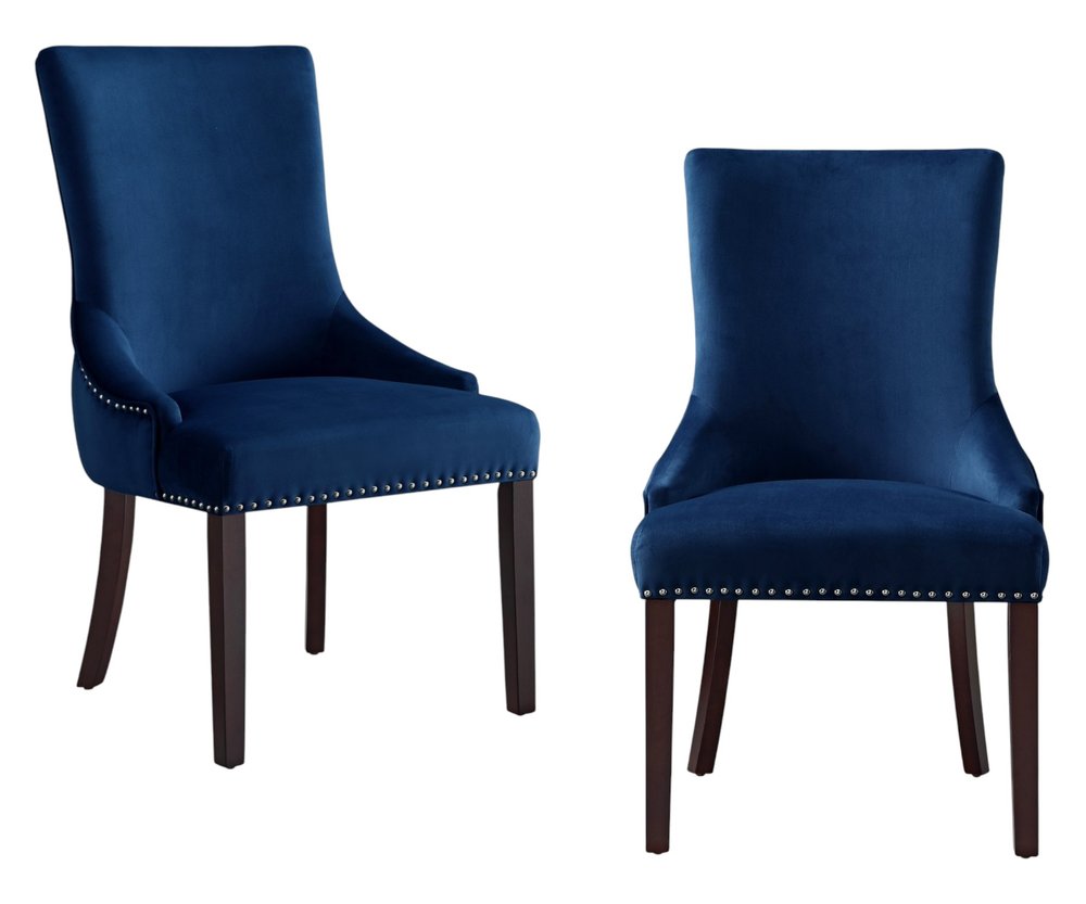Set of Two Tufted Navy Blue and Espresso Upholstered Velvet Dining Side Chairs