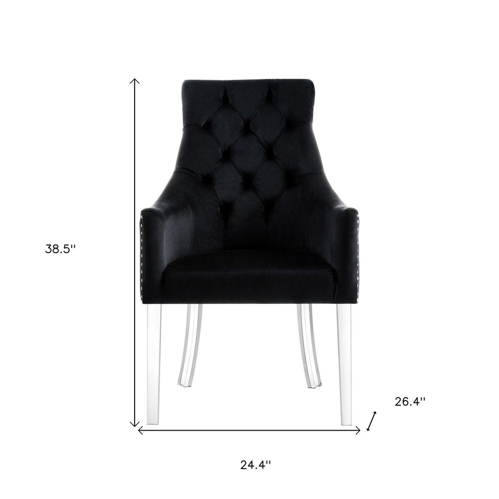 Set of Two Tufted Black and Clear Upholstered Velvet Dining Arm Chairs