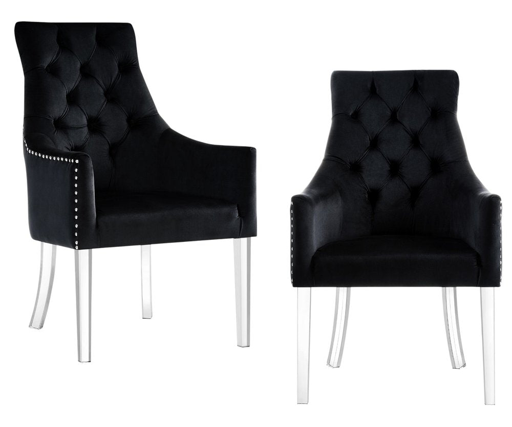 Set of Two Tufted Black and Clear Upholstered Velvet Dining Arm Chairs
