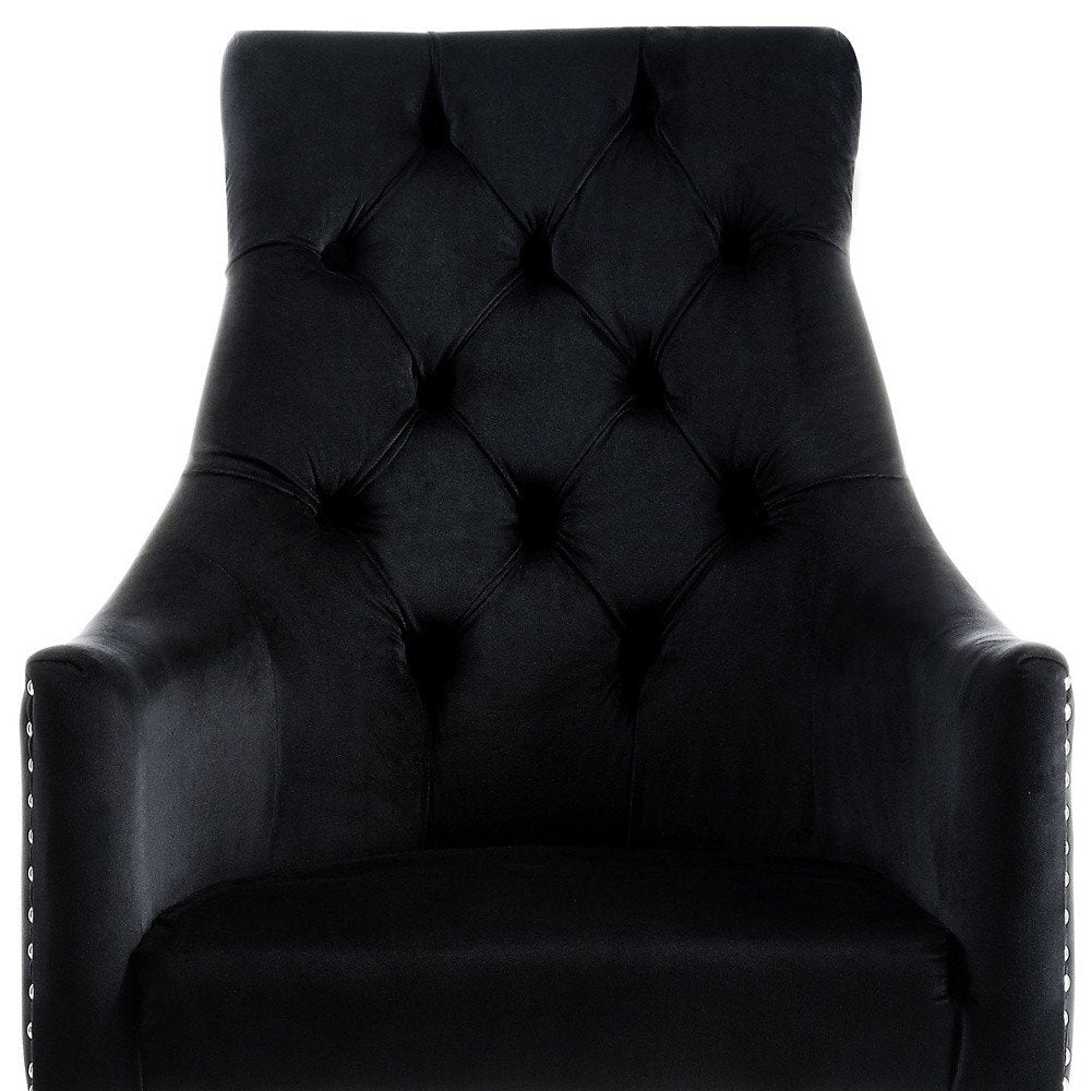 Set of Two Tufted Black and Clear Upholstered Velvet Dining Arm Chairs
