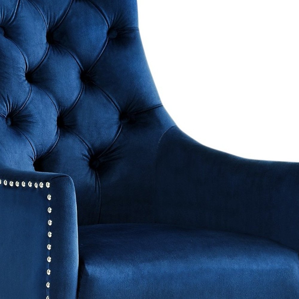 Set of Two Tufted Navy Blue and Clear Upholstered Velvet Dining Arm Chairs