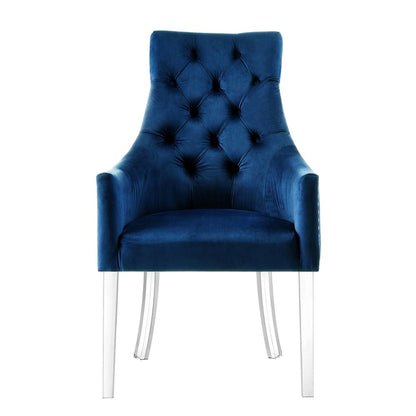 Set of Two Tufted Navy Blue and Clear Upholstered Velvet Dining Arm Chairs