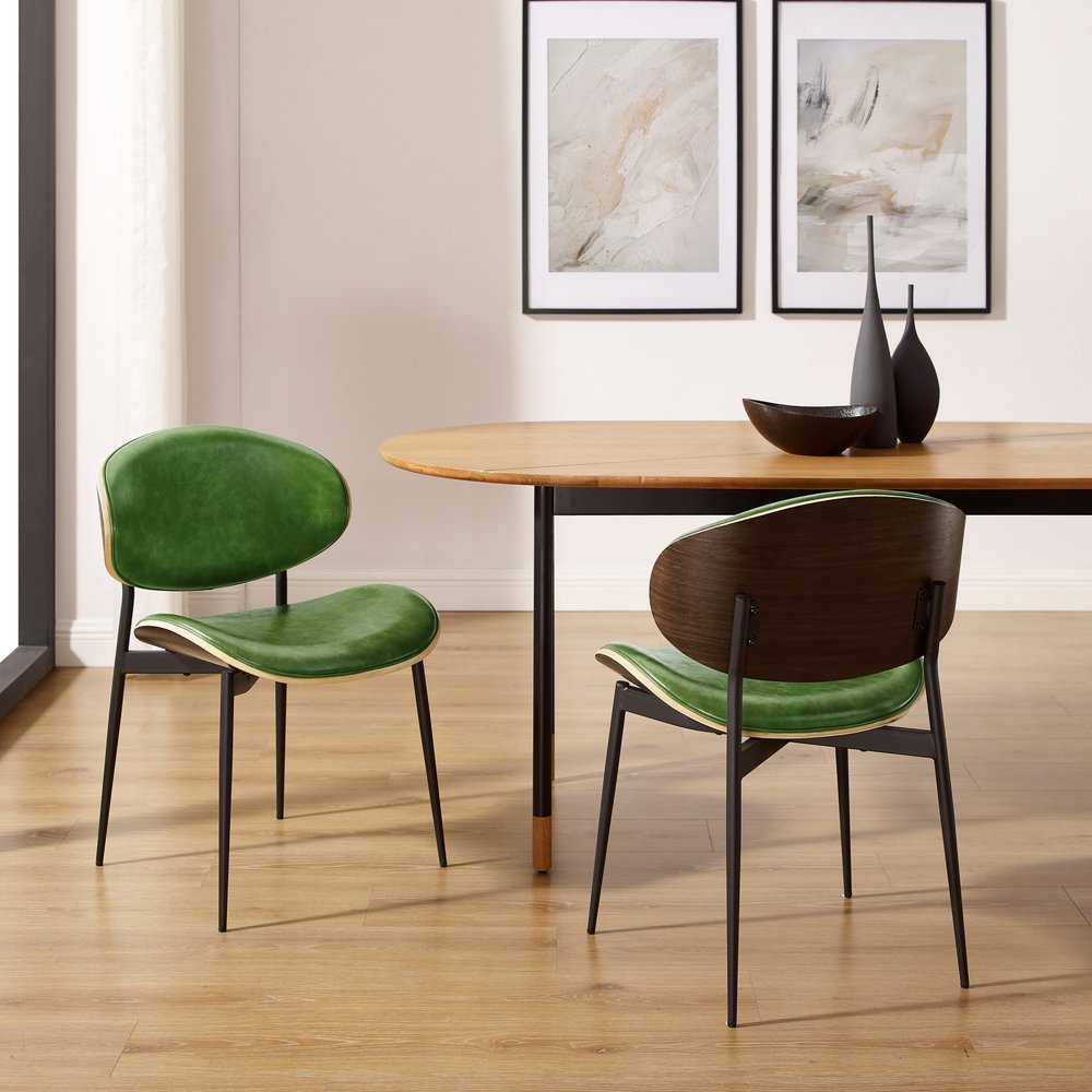 Set of Two Green and Black Upholstered Faux Leather Curved Back Dining Side Chairs