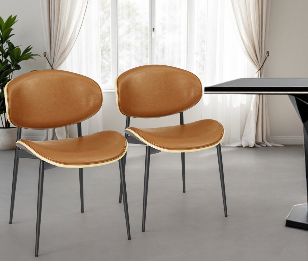 Set of Two Brown and Black Upholstered Faux Leather Curved Back Dining Side Chairs