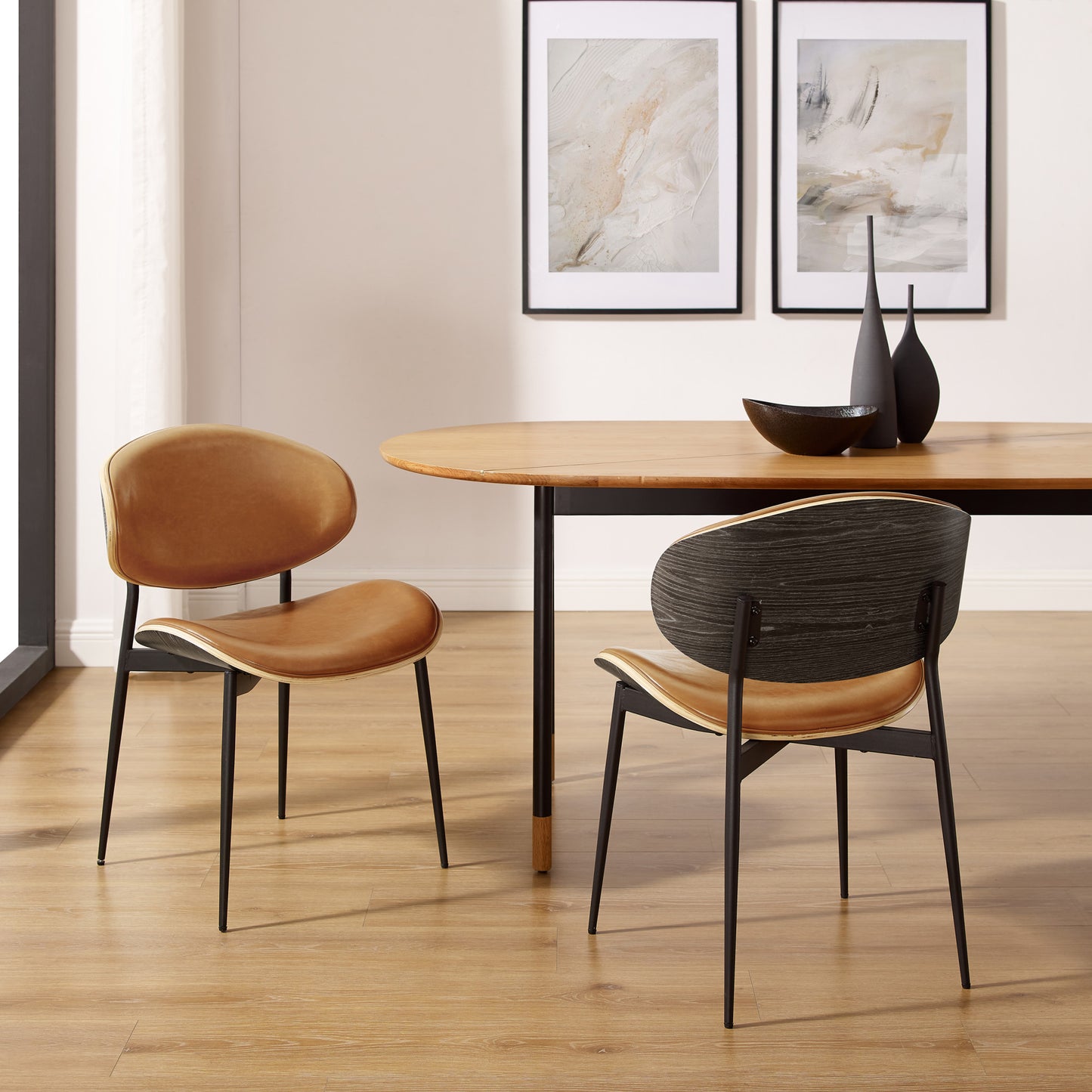 Set of Two Brown and Black Upholstered Faux Leather Curved Back Dining Side Chairs
