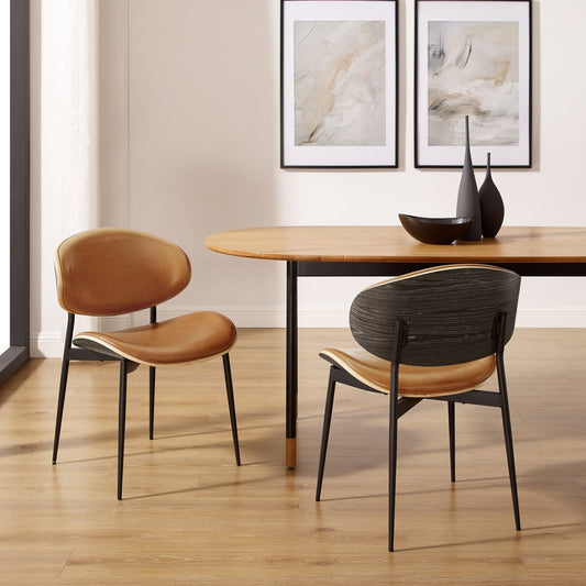 Set of Two Brown and Black Upholstered Faux Leather Curved Back Dining Side Chairs