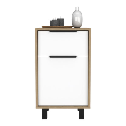 28" White And Natural Wood One Drawer Nightstand