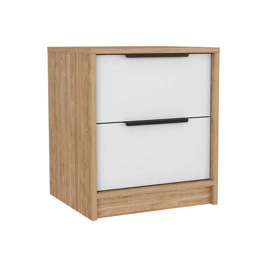 19" Natural And White Wood Two Drawer Nightstand