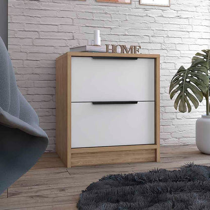 19" Natural And White Wood Two Drawer Nightstand