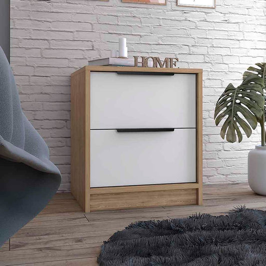 19" Natural And White Wood Two Drawer Nightstand