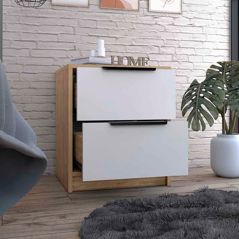19" Natural And White Wood Two Drawer Nightstand