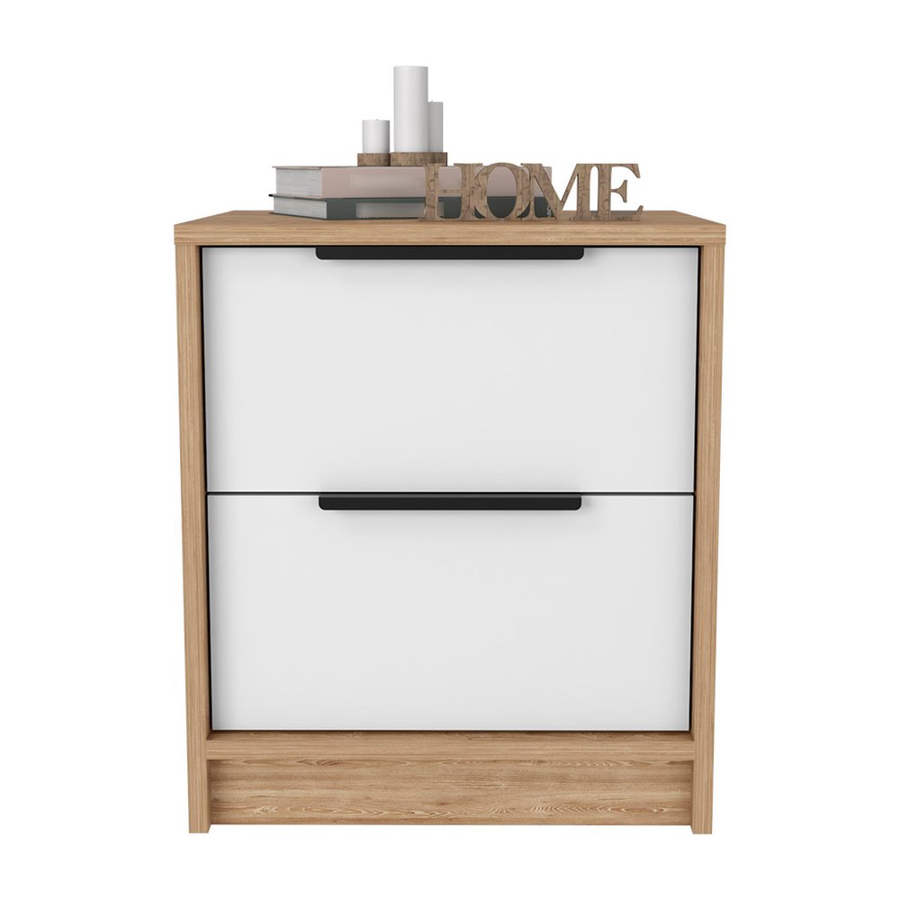 19" Natural And White Wood Two Drawer Nightstand