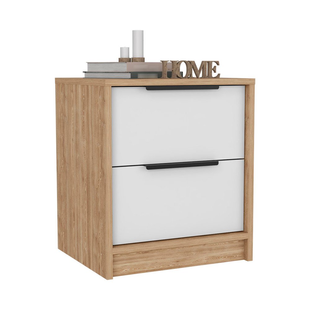 19" Natural And White Wood Two Drawer Nightstand
