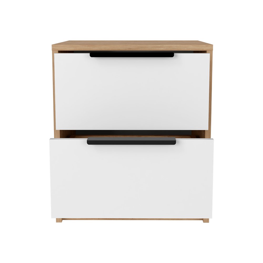 19" Natural And White Wood Two Drawer Nightstand